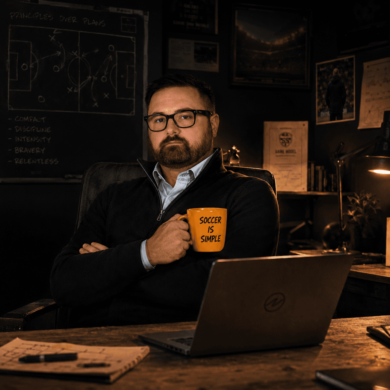 Coach Fossi at his desk in a dim tactics room, arms folded, holding a 'Soccer Is Simple' mug, a chalkboard of formations and match photos behind him